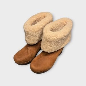 UGG Lynnea Wood Clog Boots Foldable Suede Shearlimg Tan Ankle Boots with Fur